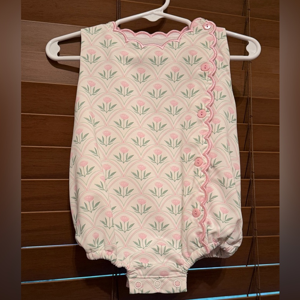 Pink Floral Baby Romper with Scalloped Trim